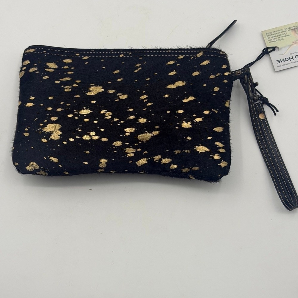 Myra Bag Black Gold Acid Wash Cowhide Leather Wristlet Clutch Bag NEW Glam Rodeo